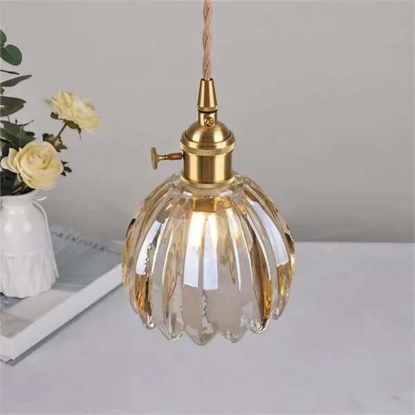 Japońska Retro Szklana Lampa Wisząca z Motywem Kwiatowym
