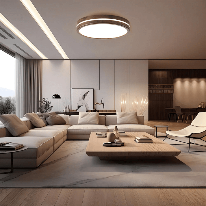Okrągła Lampa Sufitowa Drewniana - Minimalistyczne Oświetlenie LED