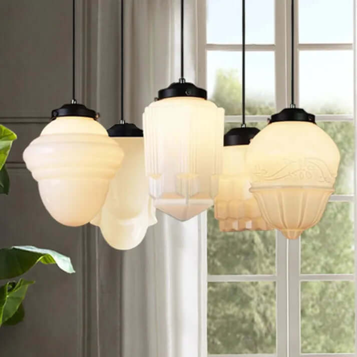 Wisząca lampa geometryczna z mlecznego białego szkła w stylu vintage