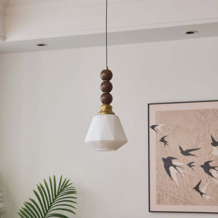 Elegancka szklana, drewniana i metalowa lampa wisząca