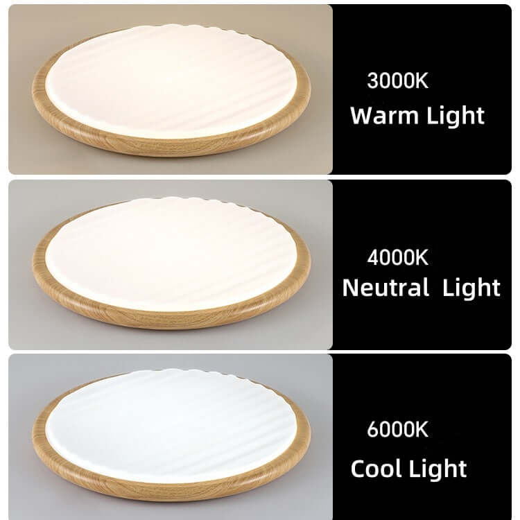 Okrągła lampa sufitowa LED z drewna włączona