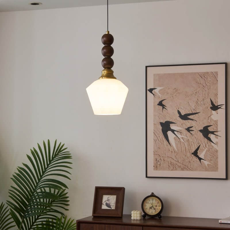 Elegancka szklana, drewniana i metalowa lampa wisząca