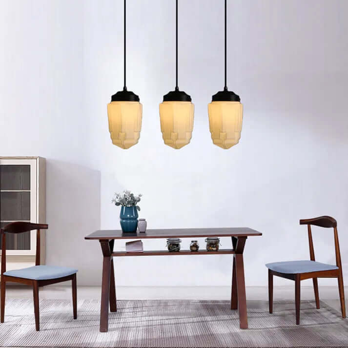 Wisząca lampa geometryczna z mlecznego białego szkła w stylu vintage