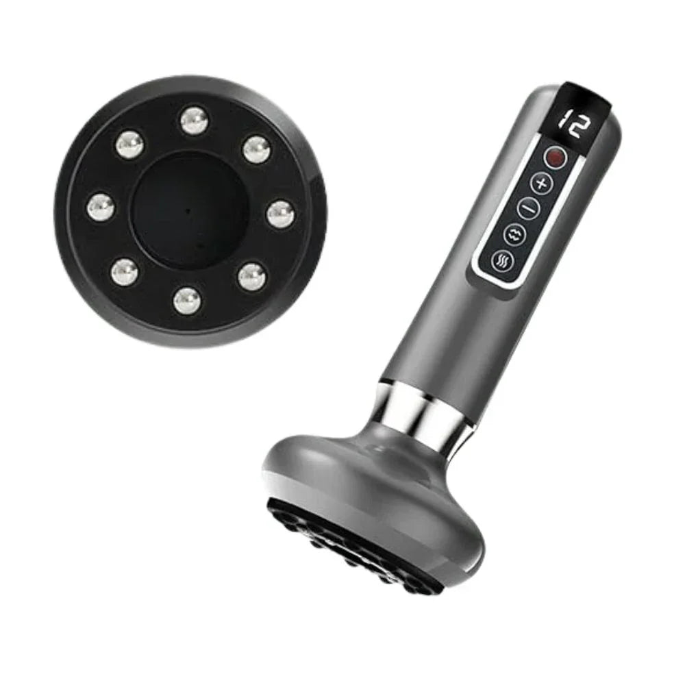 "Appareil de massage anti cellulite avec ventouse ergonomique et chaleur infrarouge, design compact blanc, gris, vert."