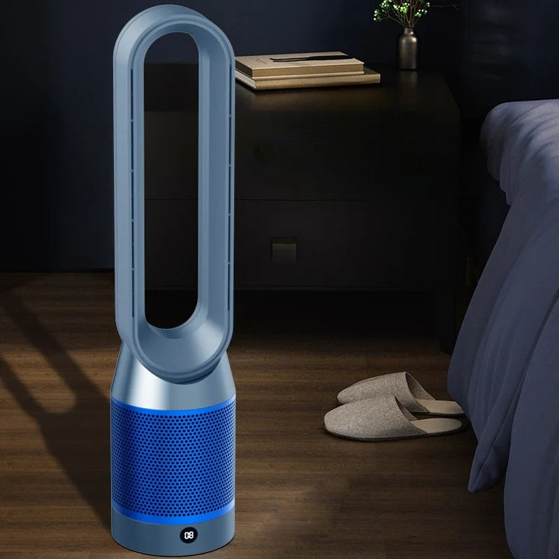 Eleganckie, czarne, wielofunkcyjne urządzenie 4w1: oczyszczacz powietrza, ogrzewacz i chłodnica, idealne do nowoczesnego domu.