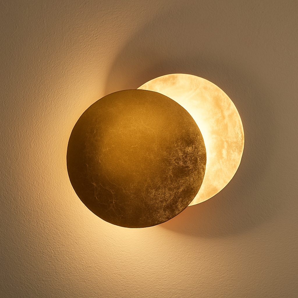 Nowoczesna lampa ścienna LED, skandynawski design zaćmienia, miedziana konstrukcja, złote mosiężne wykończenie, miękkie światło.