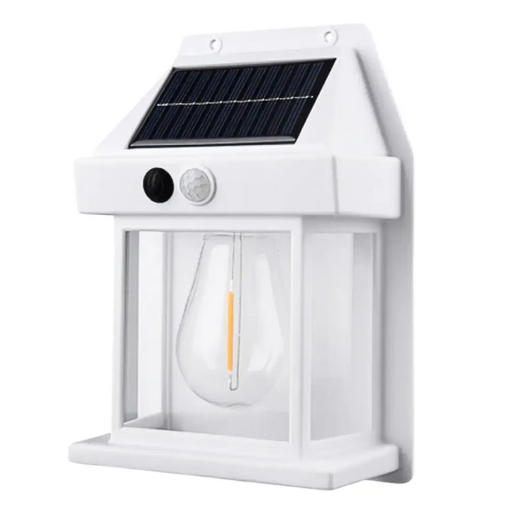 Biały solarny kinkiet z czujnikiem ruchu, wodoodporny, energooszczędny, 400 lumenów do oświetlenia zewnętrznego.