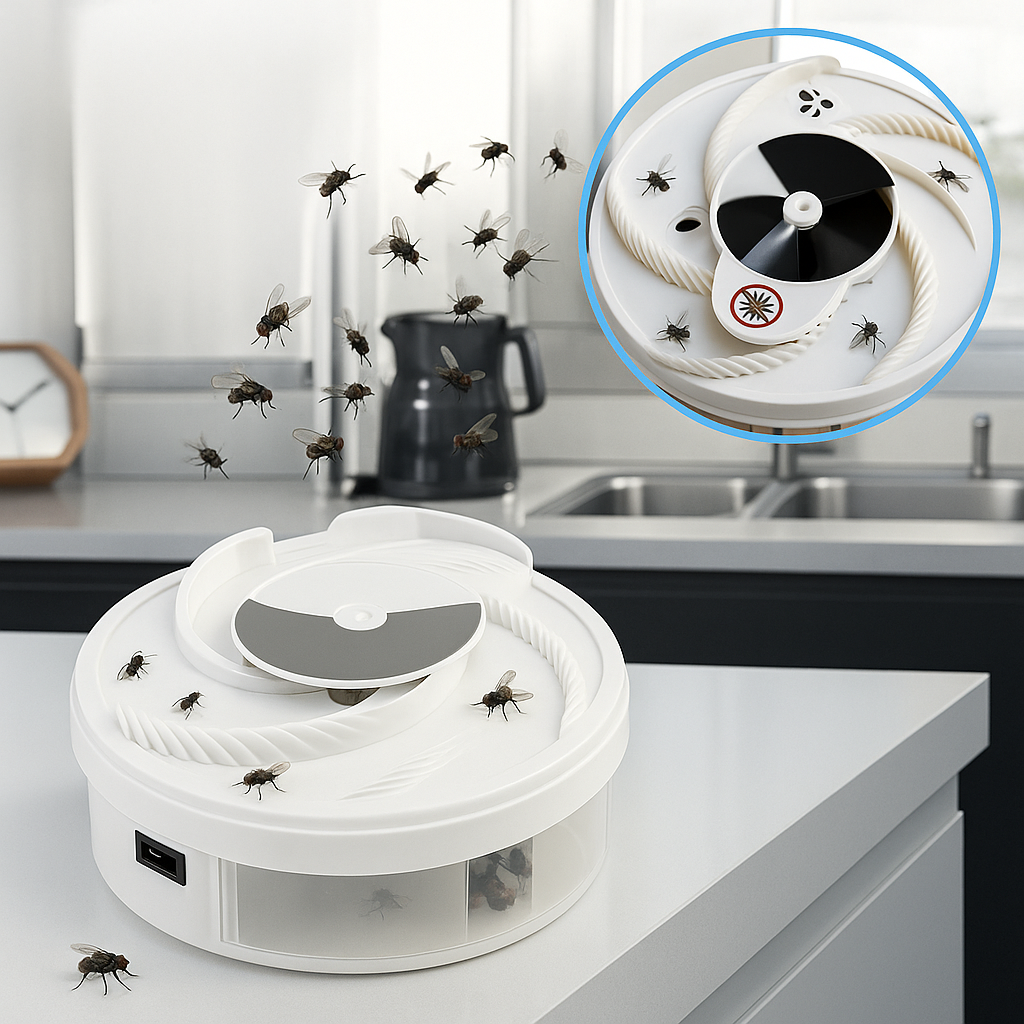 Kompaktowa, elektryczna pułapka na muchy LED z USB, z białego plastiku, która przyciąga i łapie muchy bez szkodliwych chemikaliów.