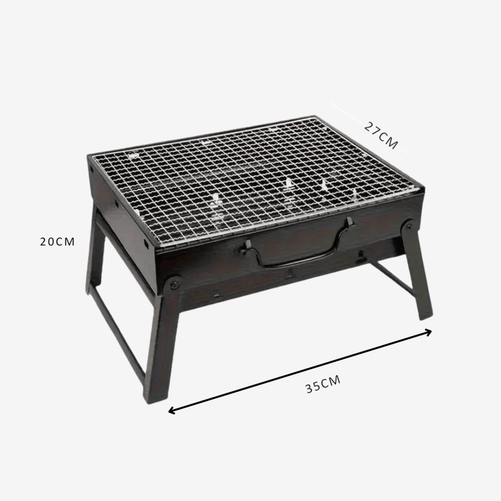 Lekki i kompaktowy składany metalowy grill stołowy, idealny na kemping, z solidną metalową konstrukcją i stalowym rusztem.