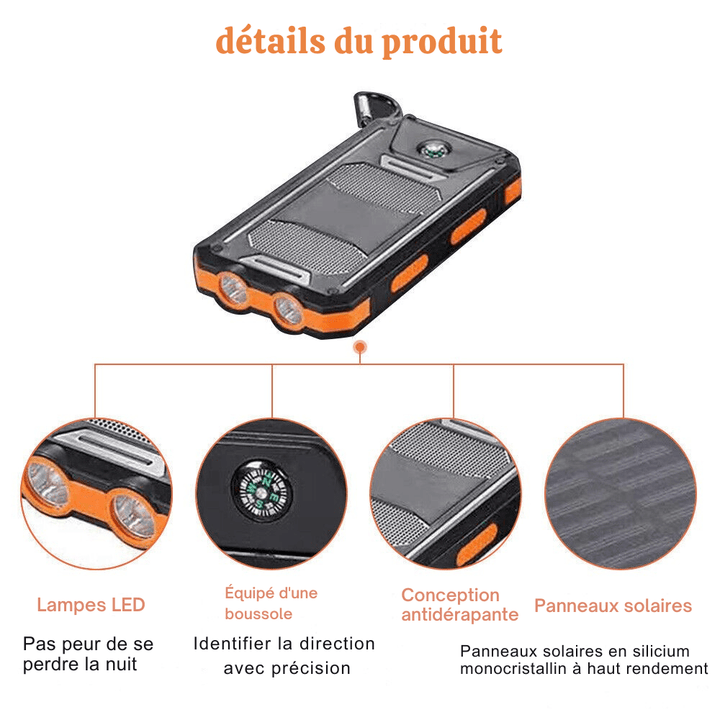 Zewnętrzna ładowarka solarna 10 000 mAh, wodoodporna, wstrząsoodporna z panelem słonecznym, kompaktowa konstrukcja, idealna na zewnątrz.