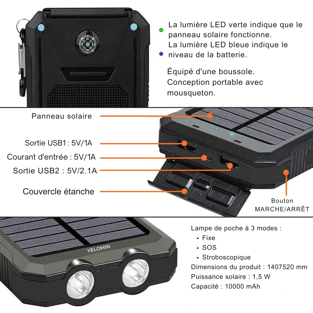 Zewnętrzna ładowarka solarna 10 000 mAh, wodoodporna, wstrząsoodporna z panelem słonecznym, kompaktowa konstrukcja, idealna na zewnątrz.