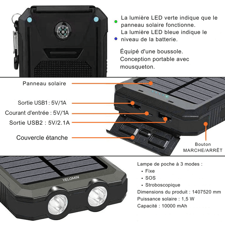 Zewnętrzna ładowarka solarna 10 000 mAh, wodoodporna, wstrząsoodporna z panelem słonecznym, kompaktowa konstrukcja, idealna na zewnątrz.