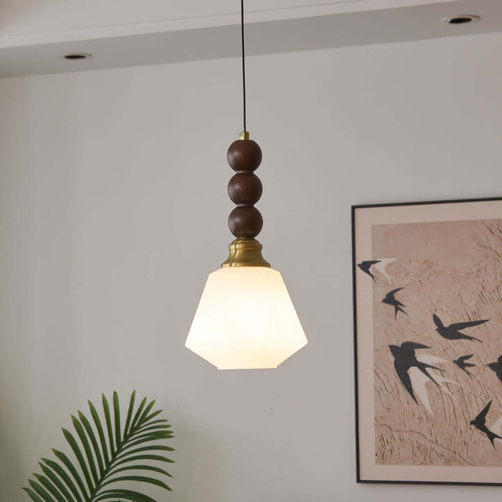 Elegancka szklana, drewniana i metalowa lampa wisząca
