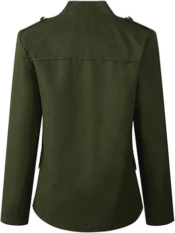 Stylowy damski blazer z elegancką stójką, dopasowanym krojem, szykowny i nowoczesny, idealny na modny i wyrafinowany wygląd.