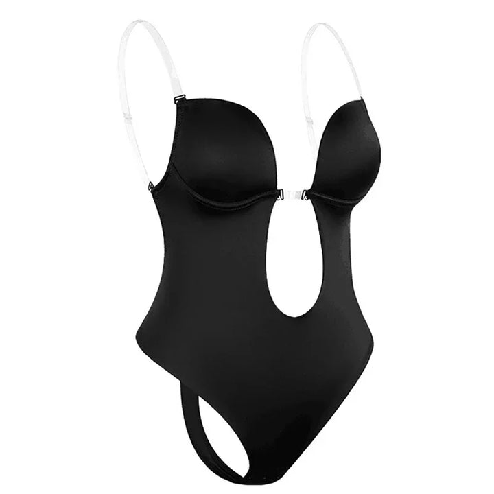 Eleganckie body z odkrytymi plecami, niewidoczne pod ubraniem, wykonane z elastycznego materiału, idealne do dopasowanych sukienek, dostępne w wielu rozmiarach, kolor beżowy i czarny.