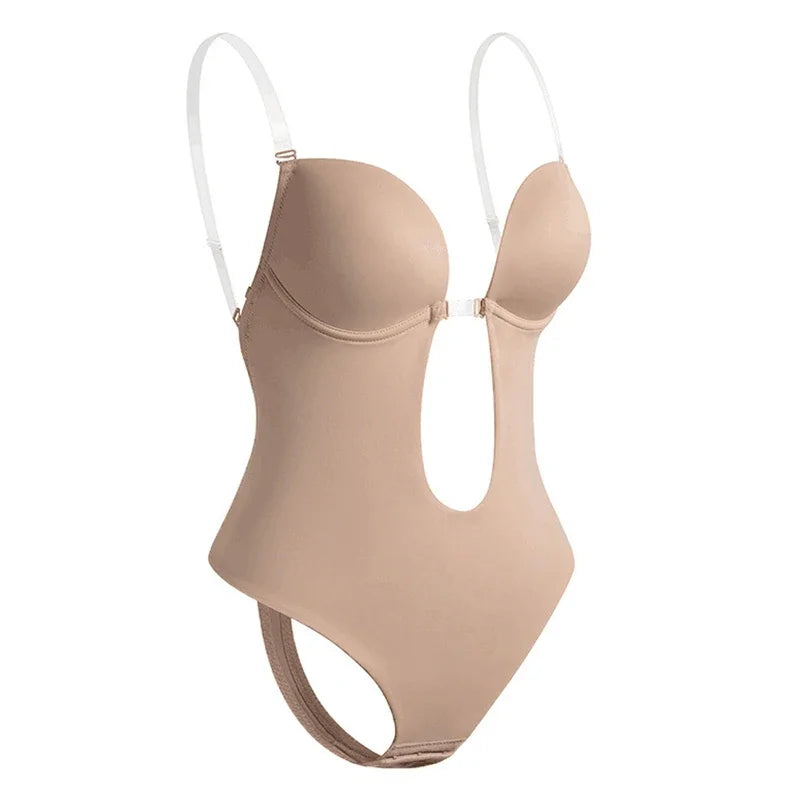 Eleganckie body z odkrytymi plecami, niewidoczne pod ubraniem, wykonane z elastycznego materiału, idealne do dopasowanych sukienek, dostępne w wielu rozmiarach, kolor beżowy i czarny.