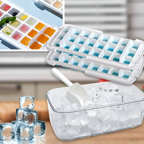 Pojemnik na kostki lodu z pokrywką, można układać w stosy, nowoczesny design, łatwy do czyszczenia, idealny do nowoczesnej kuchni.