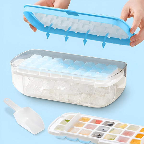 Pojemnik na kostki lodu z pokrywką, można układać w stosy, nowoczesny design, łatwy do czyszczenia, idealny do nowoczesnej kuchni.