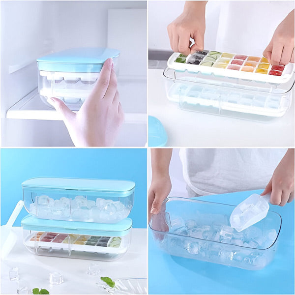 Pojemnik na kostki lodu z pokrywką, można układać w stosy, nowoczesny design, łatwy do czyszczenia, idealny do nowoczesnej kuchni.