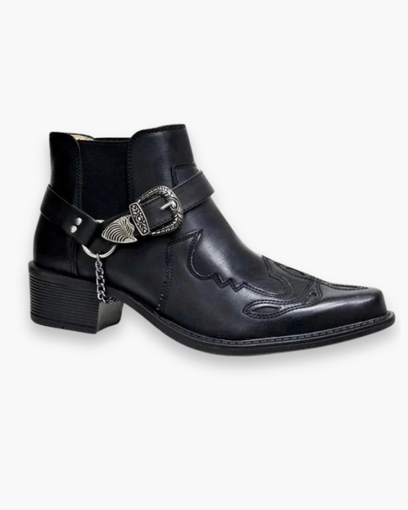 Eleganckie i autentyczne męskie buty kowbojskie z ozdobnymi wzorami, wykonane z brązowej i czarnej skóry, w wyrafinowanym stylu westernowym.