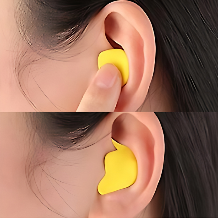 Bouchons d'oreilles silicone hypoallergénique, réduction de bruit 30 dB, jaune et bleu, confort optimal, étui inclus.