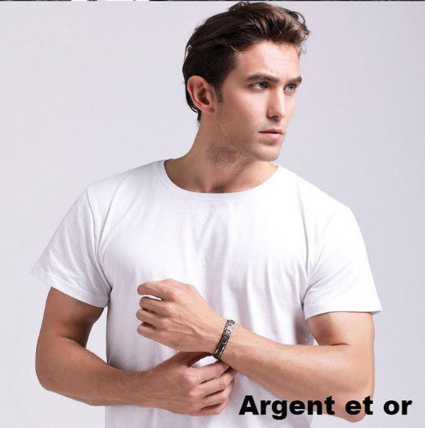 Elegancka bransoletka magnetyczna w kolorze czarnym i srebrnym, z kamieniami ochry, oferująca równowagę energetyczną i korzyści terapeutyczne.