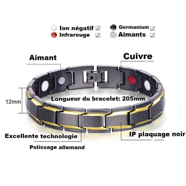 "Bracelet magnétique élégant en noir et argent, avec pierres ocre, offrant équilibre énergétique et bienfaits thérapeutiques.