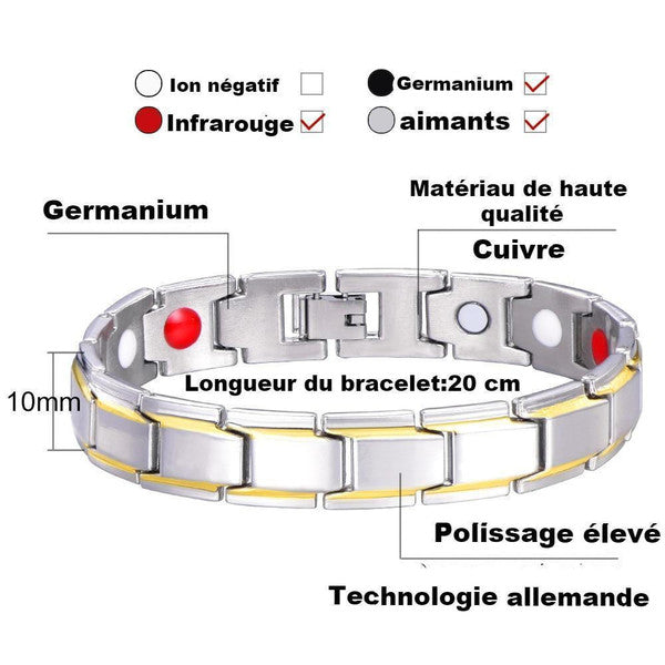 "Bracelet magnétique élégant en noir et argent, avec pierres ocre, offrant équilibre énergétique et bienfaits thérapeutiques.