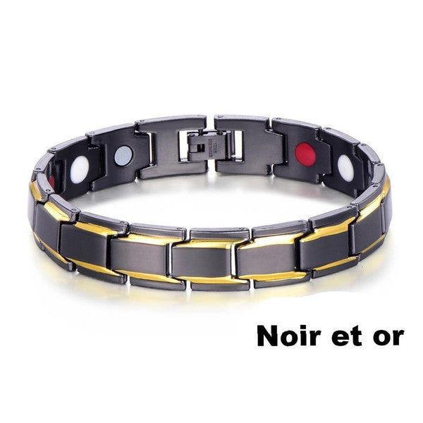 Elegancka bransoletka magnetyczna w kolorze czarnym i srebrnym, z kamieniami ochry, oferująca równowagę energetyczną i korzyści terapeutyczne.