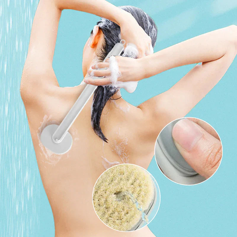 Długa ergonomiczna szczotka do kąpieli z miękkim włosiem i antypoślizgowym uchwytem, ułatwiająca kompleksowe mycie ciała pod prysznicem.