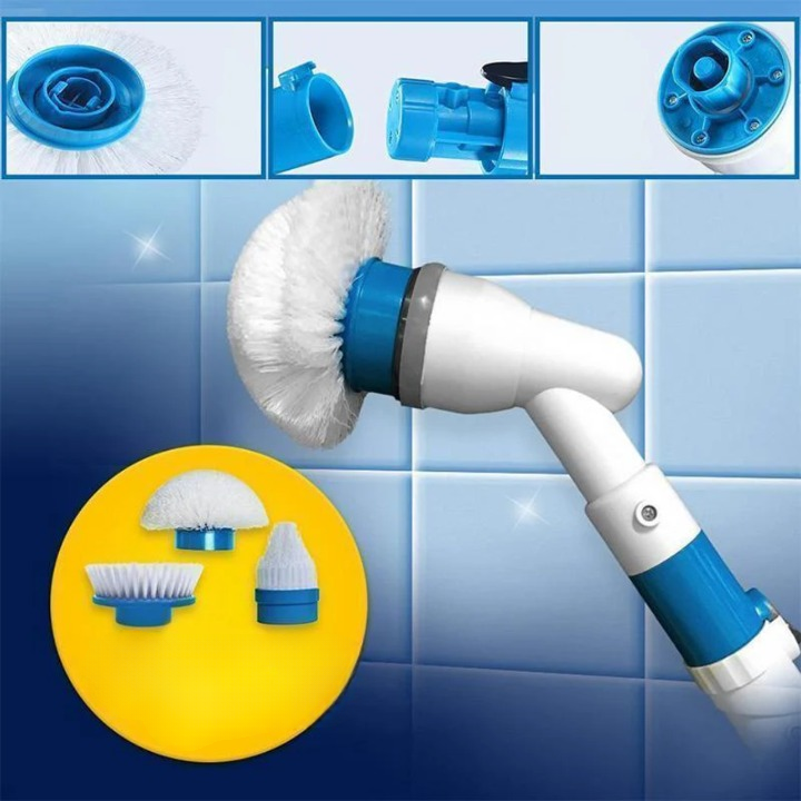 Elektryczna szczotka czyszcząca, ergonomiczna, wielokrotnego użytku, z białą rączką i obrotową głowicą do czyszczenia wielu powierzchni.