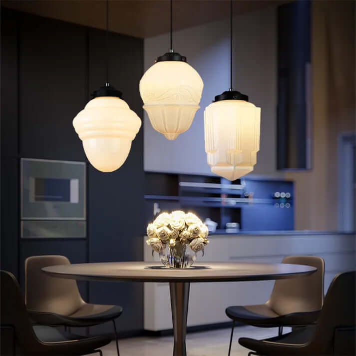 Wisząca lampa geometryczna z mlecznego białego szkła w stylu vintage