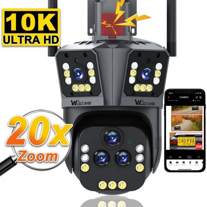 Bezprzewodowa kamera monitoringu 10K, widok zewnętrzny, z 20-krotnym zoomem optycznym, włączonymi diodami LED do kolorowego noktowizora w nocy.