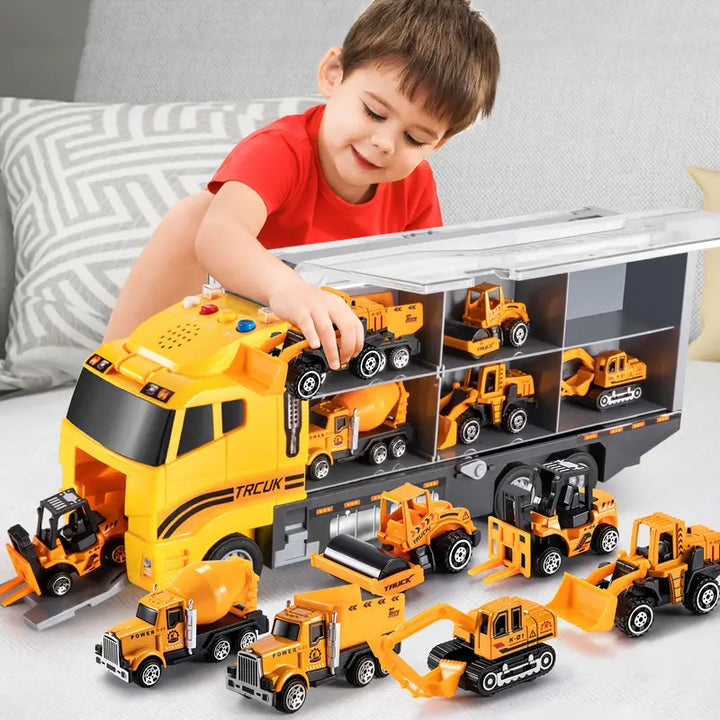 Camion de construction jouet en plastique coloré, durable et sûr, pour éveiller la créativité des enfants.