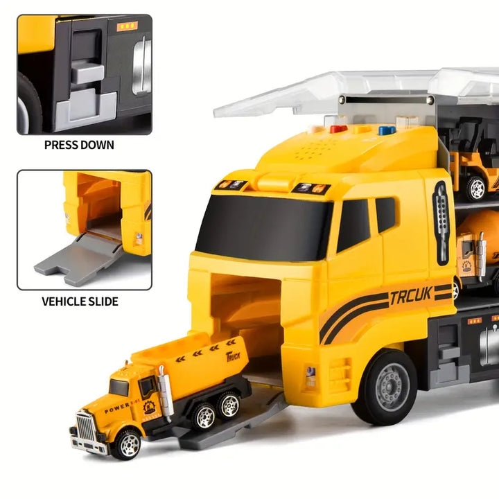 Camion de construction jouet en plastique coloré, durable et sûr, pour éveiller la créativité des enfants.