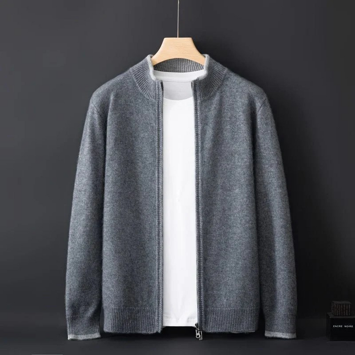 Męski kardigan z wełny merino, kolor szary, z zamkiem błyskawicznym, elegancki i wszechstronny.