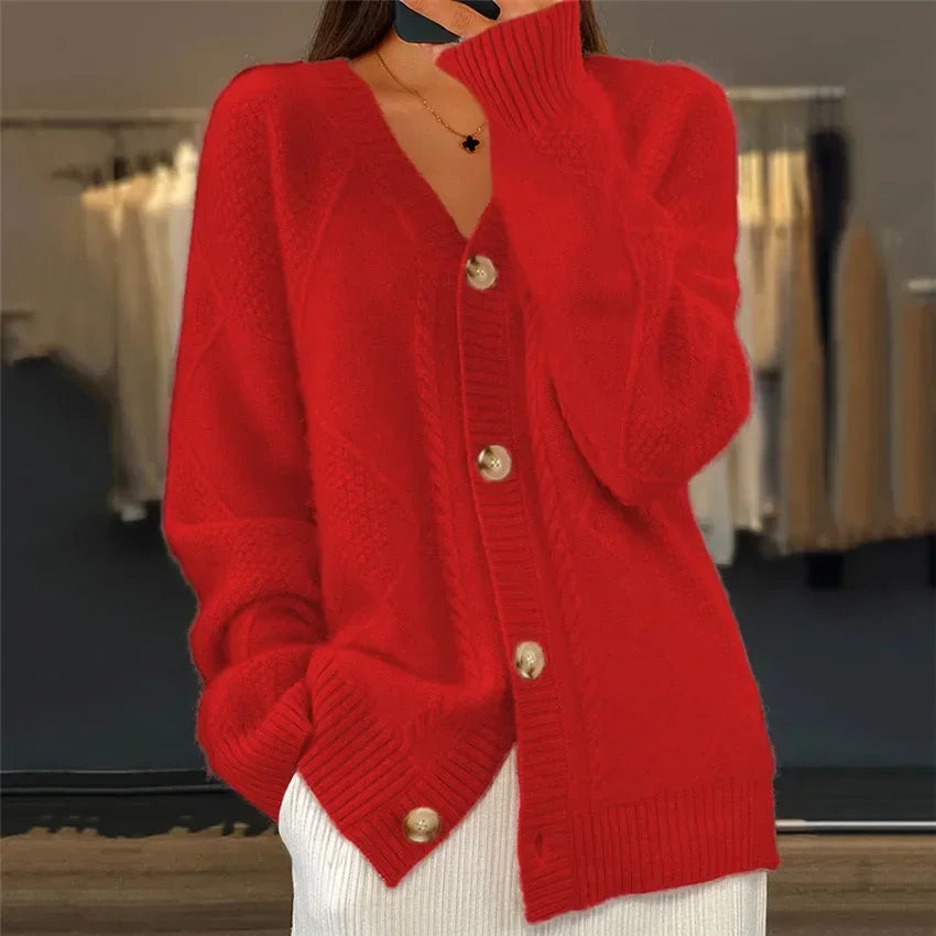 Dzianinowy kardigan V-neck z miękkiej dzianiny, z detalami wykończonymi guzikami, dodaje wyrafinowania Twojej eleganckiej i wygodnej stylizacji