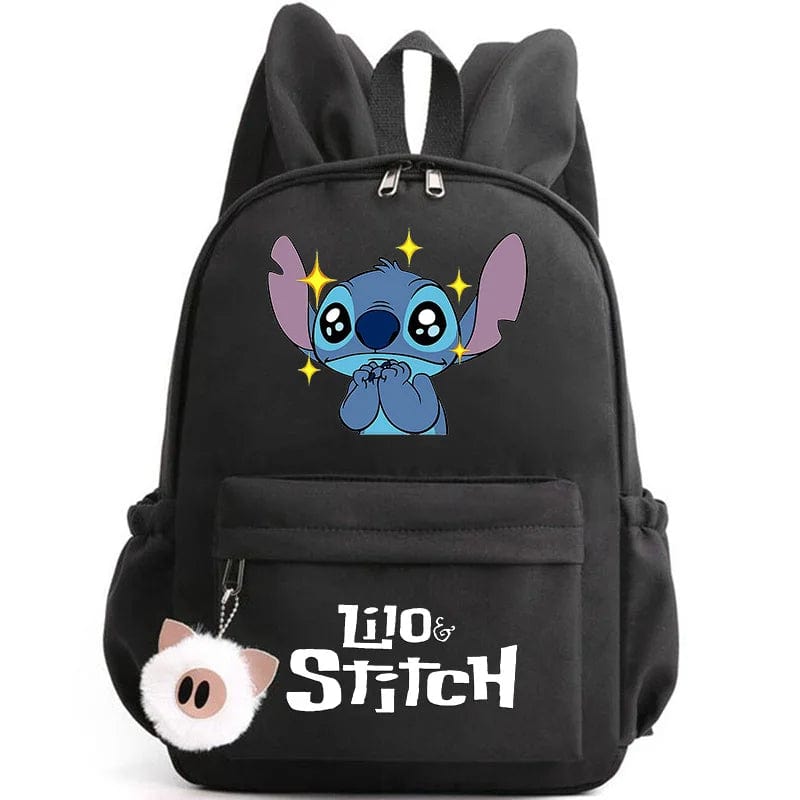 "Cartable enfant Stitch bleu avec motif amusant et porte-clés, design pratique et adorable pour école."