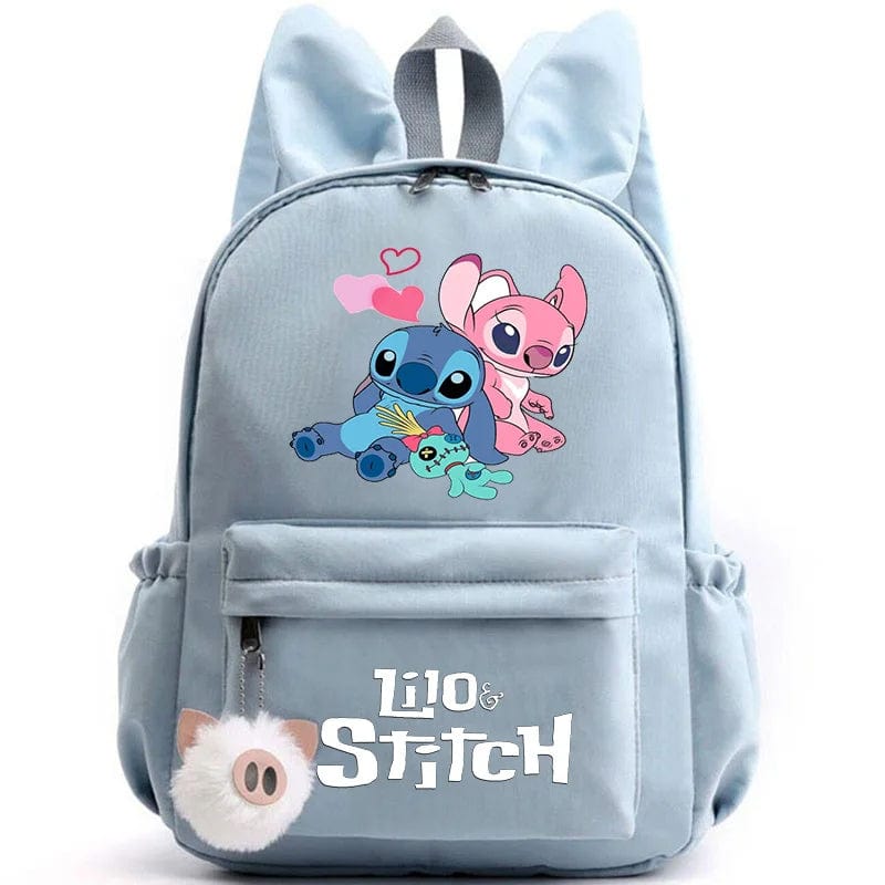 "Cartable enfant Stitch bleu avec motif amusant et porte-clés, design pratique et adorable pour école."