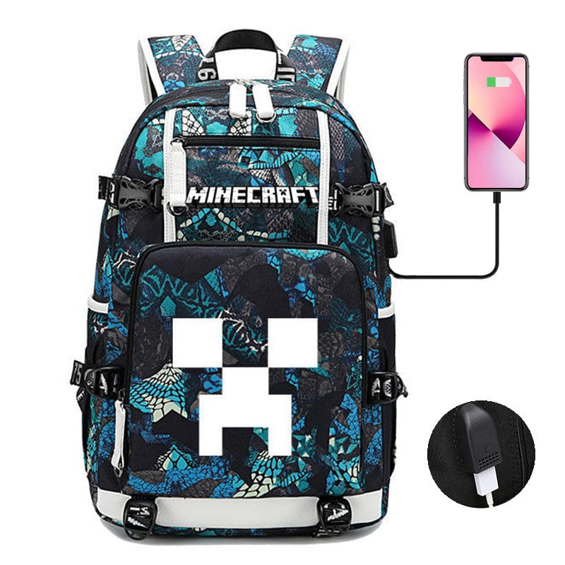 Niebieski tornister Minecraft z nowoczesnym designem, praktycznymi kieszeniami i regulowanymi paskami dla młodych uczniów.