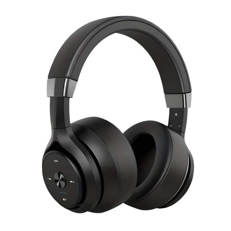 Eleganckie, czarne, bezprzewodowe słuchawki nauszne z dźwiękiem wysokiej rozdzielczości i wbudowanym Bluetooth.