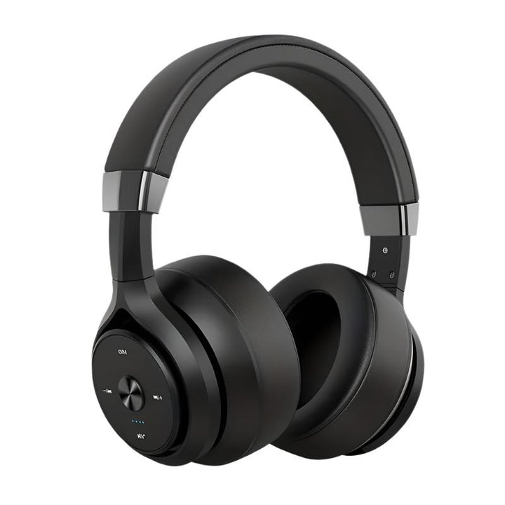 Eleganckie, czarne, bezprzewodowe słuchawki nauszne z dźwiękiem wysokiej rozdzielczości i wbudowanym Bluetooth.