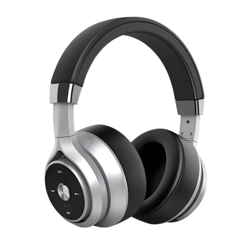 Eleganckie, czarne, bezprzewodowe słuchawki nauszne z dźwiękiem wysokiej rozdzielczości i wbudowanym Bluetooth.