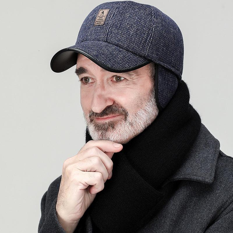 Męska czapka zimowa ze zintegrowanymi nausznikami, dzianinowa tekstura w kolorze szarym, dla stylu i ochrony przed zimnem