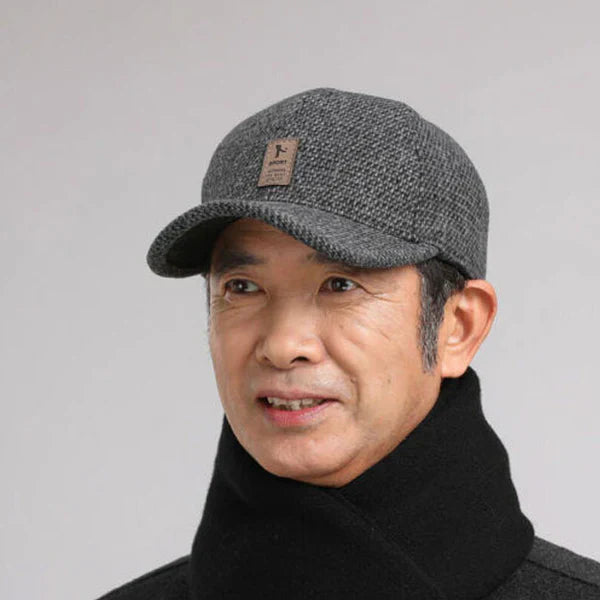 Męska czapka zimowa ze zintegrowanymi nausznikami, dzianinowa tekstura w kolorze szarym, dla stylu i ochrony przed zimnem