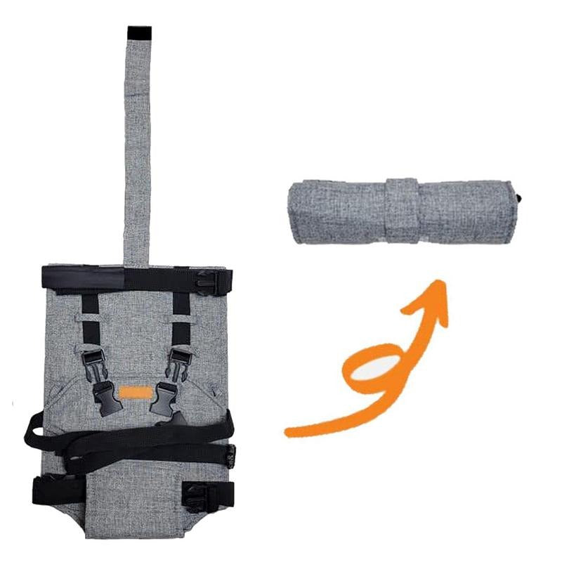 Kompaktowe krzesełko turystyczne dla niemowląt, innowacyjny design, regulowane paski i uprząż, neutralny kolor, przenośne i bezpieczne.