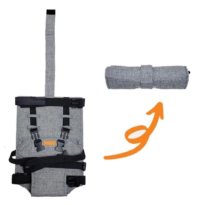 Kompaktowe krzesełko turystyczne dla niemowląt, innowacyjny design, regulowane paski i uprząż, neutralny kolor, przenośne i bezpieczne.