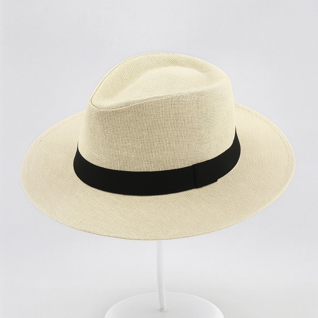 Chapeau Panama en paille toquilla beige, large bord, style élégant et intemporel, idéal pour protection solaire et mode estiv