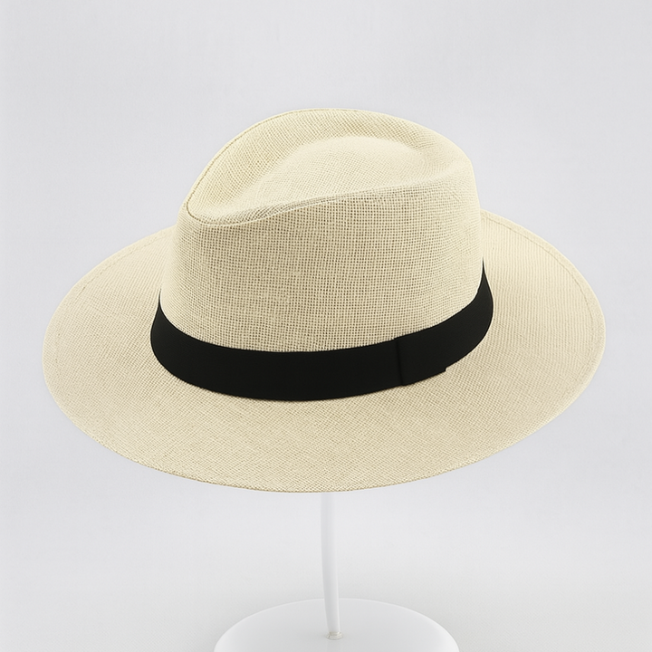 Chapeau Panama en paille toquilla beige, large bord, style élégant et intemporel, idéal pour protection solaire et mode estiv