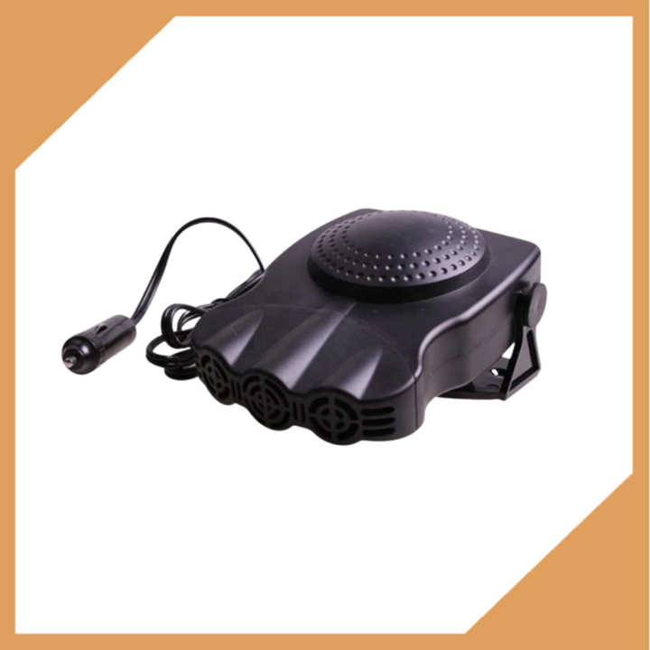 Kompaktowa nagrzewnica samochodowa z funkcją odszraniania, czarna, podłączona do zapalniczki, zapewnia odszranianie i wentylację.